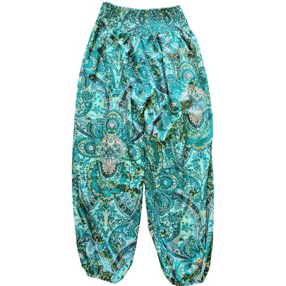 Gomorn Boho wide leg pants green paisley shirred waist size 6 - Picture 3 of 9